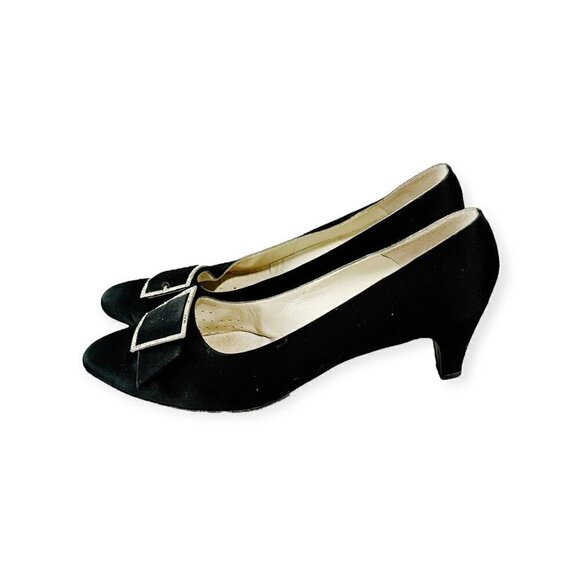 Vintage 60s Roger Vivier Black Satin Evening Pumps with Rhinestone Buckles - Picture 6 of 14